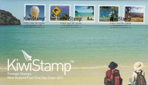 New Zealand 2011 FDC Set of 5 Kiwi Stamps Ice cream, kiwi sign, beach, fishin...