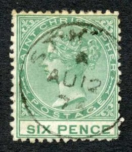 St Kitts-Nevis SG5 6d Green Wmk Crown CC Perf 12.5 Cat 7.50 pounds