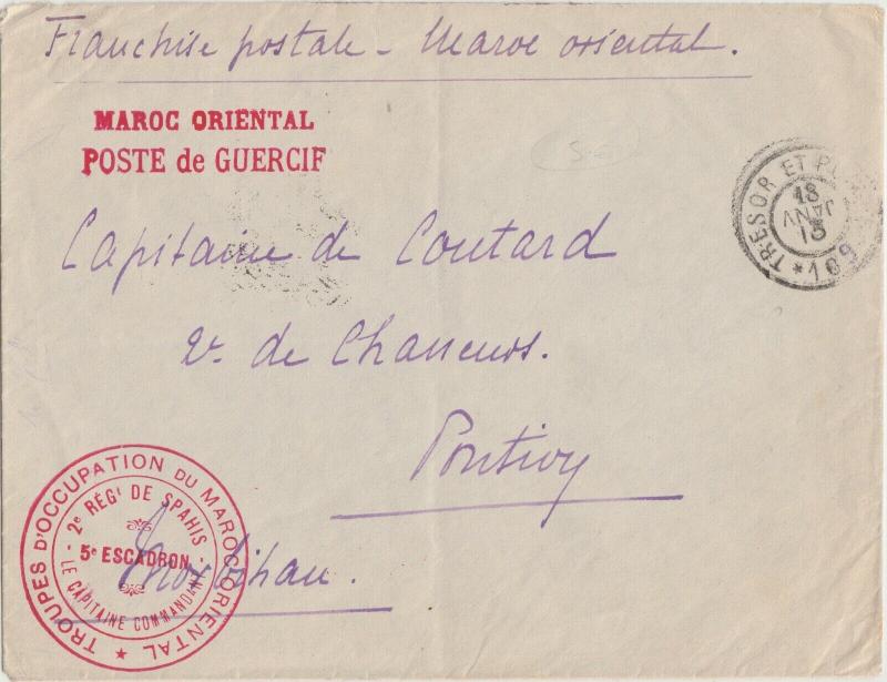 MAROC 1913 CàD Trésor & Postes 109 sur LSC - POSTE DE GUERCIF (2è Rgt de Spahis)