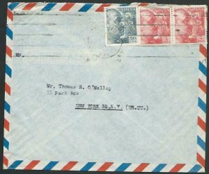 SPAIN 1952 airmail cover to USA : 3 stamps E perfin........................52784