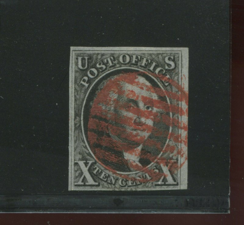 Scott 2 Washington Imperf  Used Stamp with Recut Top Right Frame Line (Stk 2-A5)