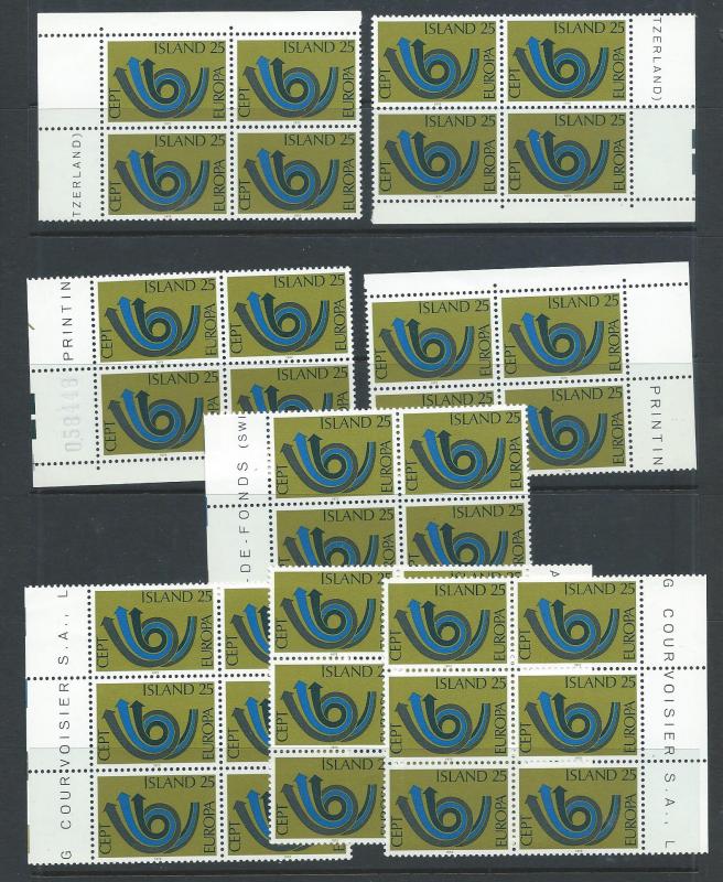 Iceland 371 // 512 MNH stock in blocks.  2018 CV $46.20