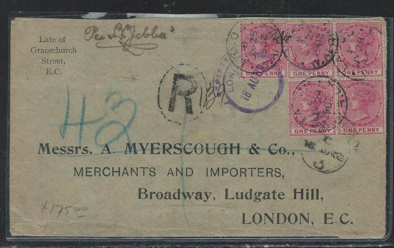 LAGOS (P2709B) 1902 QV 1DX5 ON REG COVER TO LONDON