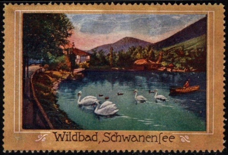 Vintage Germany Poster Stamp Lake Schwanensee, Kurpark Bad Wildbad