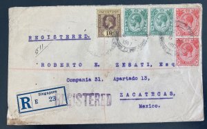 1917 Singapore Straits Settlement registered Cover to Zacatecas Mexico wax seal