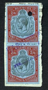 Bermuda SG89a 2/6 PAIR Fiscal Cancel Top Stamp with Break in Scroll Ex Dickgies