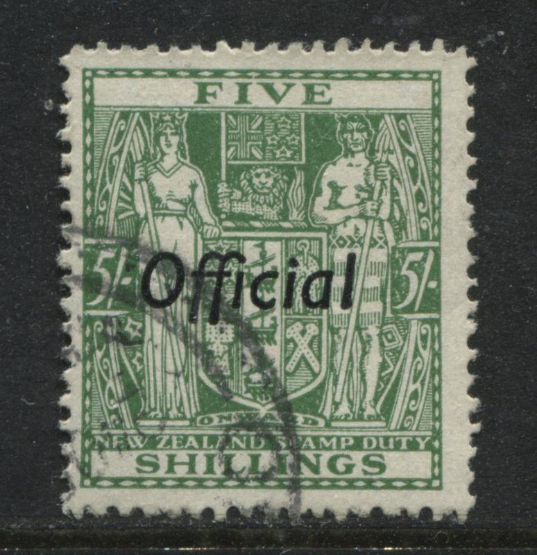 New Zealand 1938 KGVI overprinted Official Postal Fiscal 5/ green used