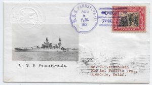 1931 USS Pennsylvania BB-38, Canal Zone to Glendale, Ca Beasell cachet (N8058)