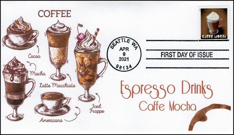 21-083, 2021,Espresso Drinks, First Day Cover, FDI Postmark, Caffe Mocha,