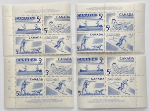 CANADA 1956 #368a Recreation Sports  Set of 4 Plate Blocks (Plate #2) - MNH