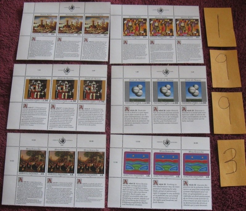 UN Human Rights Complete Set 1989-1993 MNH Inscription Blocks (all 3 offices)