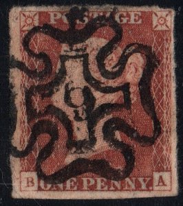 GB Penny red (BA) (SG 7-8) LONDON NUMBER 9 IN MALTESE CROSS 4 margins