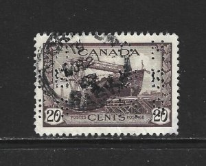 CANADA - #O260 - 20c CORVETTE DOUBLE 4-HOLE OHMS PERFIN USED STAMP DATED CANCEL