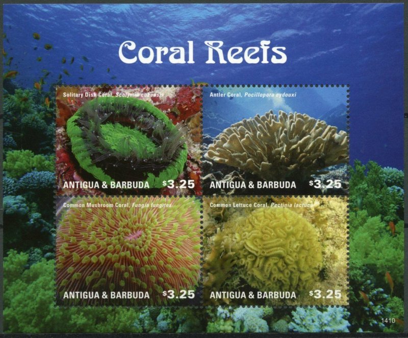 Antigua & Barbuda Marine Stamps 2014 MNH Coral Reefs Antler Corals 4v M/S II 