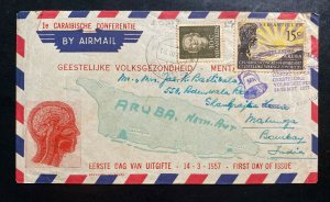 1957 Willemstad Curacao First Day cover To Bombay India Caribbean Mental Confere