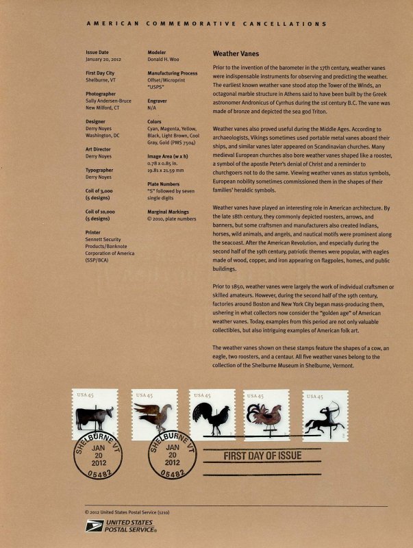 UNITED STATES 2012 WEATHER VANES SOUVENIR PAGE FIRST DAY CANCELED 