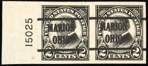 US Stamps # 611 MLH VF Marion, Ohio Pre-Cancel Pair With Plate