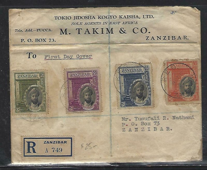 ZANZIBAR  (PP2608B)  1936 REG   FDC COVER  SULTAN  SET CACHETED LOCAL