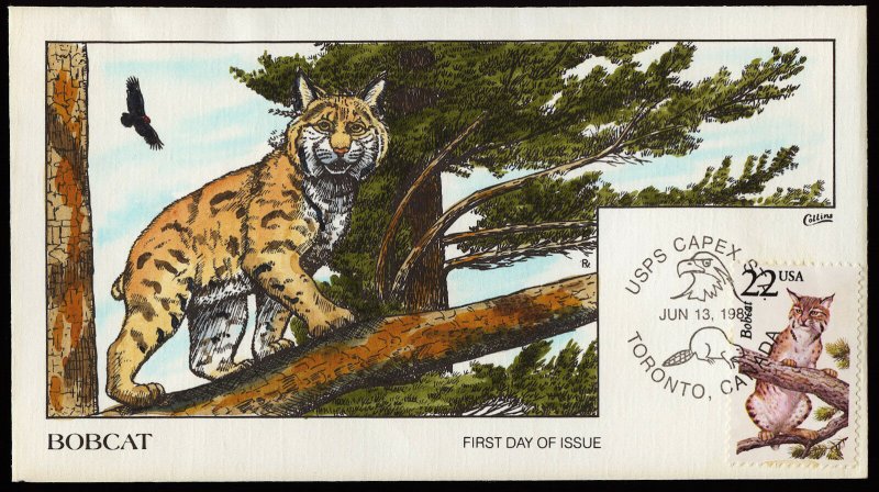 Collins Handpainted FDC North American Wildlife: Bobcat (6/13/1987)