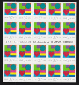 US 3657 37c 2002 LOVE Mint Stamp Sheet Self Adhesive NH