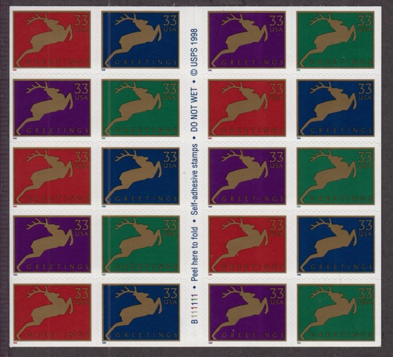 USA #3363a  Christmas Reindeer  Booklet Pane of 20  Stamps MNH
