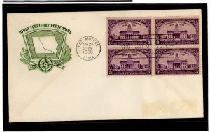 US 838 1938 3c Iowa Territory Centennial bl of 4 FDC on an addressed (label removed w/gum residue) with a House of Farnum cachet