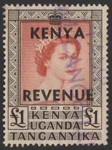 KENYA 1954 'KENYA REVENUE' on QEII £1 red & black. Rare.