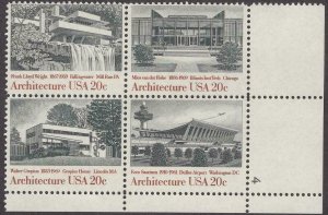 1982 Architecture Plate Block Of 4 20c Postage Stamps, Sc# 2019-2022, MNH, OG