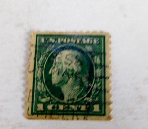 US  #498 Used/Fine, Perf 11 1c Washing, Perfin, Back stamp printed on back 1917