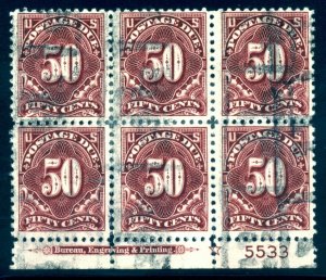 US J67 50c Postage Due Used Plate #5533 Block of 6 SCV $1250 (mint) SCARCE