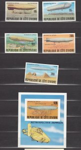 Z4558 JL Stamps 1977 ivory coast imperf set + s/s #440-4 zeppelins, non scott