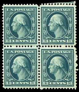 United States, 1904-9 #339 Cat$400, 1909 13c blue green, block of four, never...