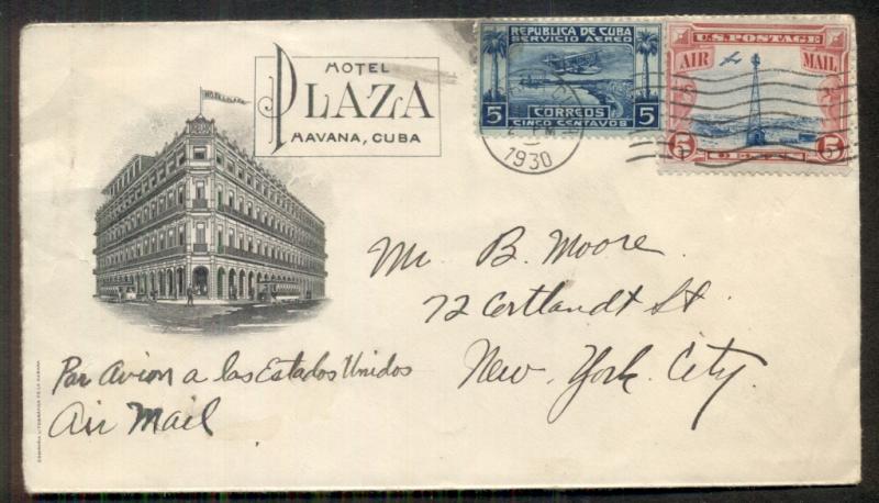 1930, U.S. & CUBA mixed franking on HOTEL PLAZA, HAVANA advertising cover