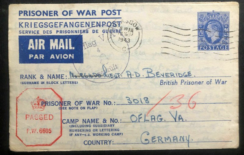 1943 Glasgow Scotland Letter Cover To Germany Oflag 5A Prisoner Of War POW