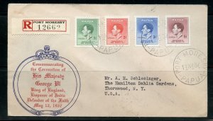 PAPUA 1937 CORONATION OF GEORGE VI REGISTERED FIRST DAY COVER TO THORNWOOD NY