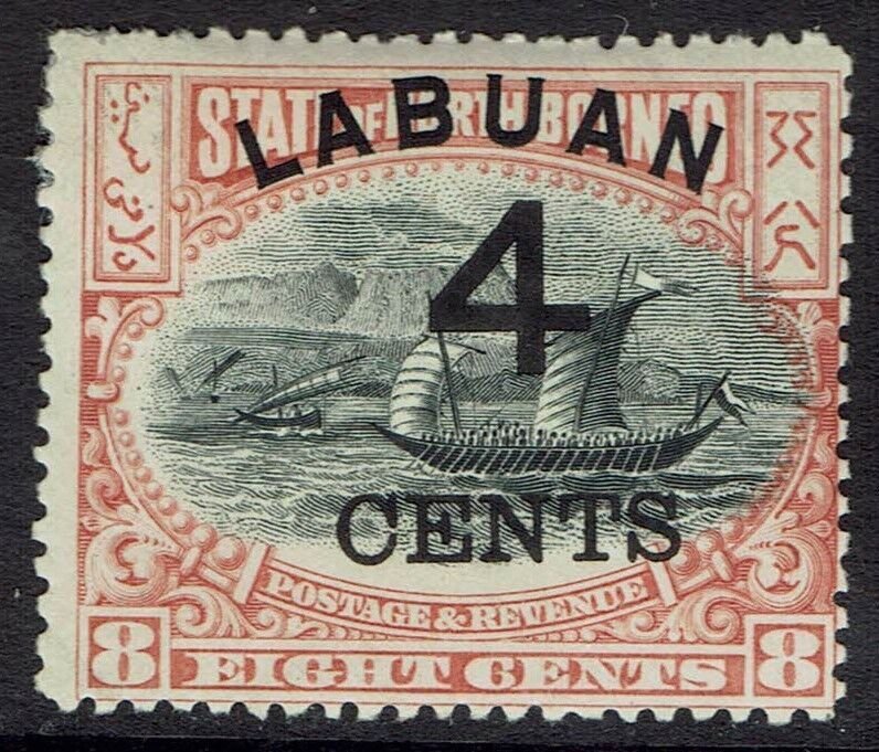 LABUAN 1899 4 CENTS OVERPRINTED DHOW 8C PERF 13.5 - 14