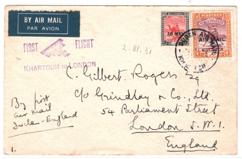 SUDAN Air Mail Cover FIRST FLIGHT KHARTOUM GB LONDON 1931{samwells-covers}MA1246