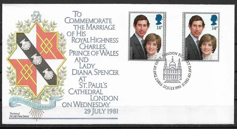 1981 Great Britain 950 gutter pair Royal Wedding FDC