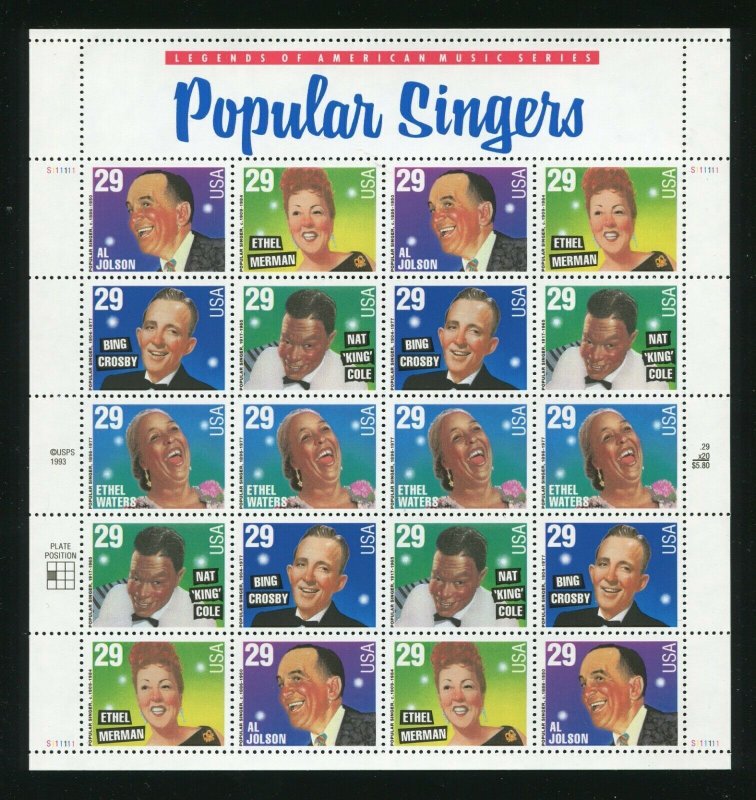 2849 - 2853 Popular Singers Sheet of 20 29¢ Stamps