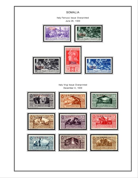 COLOR PRINTED ITALIAN SOMALIA 1903-1960 STAMP ALBUM PAGES (45 illustrated pages)