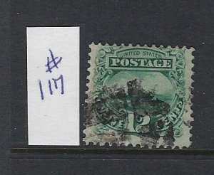 US #117- 1869- S.S. ADRIATIC- 12 CENTS (GREEN) PERF 12 (GRILL) - USED