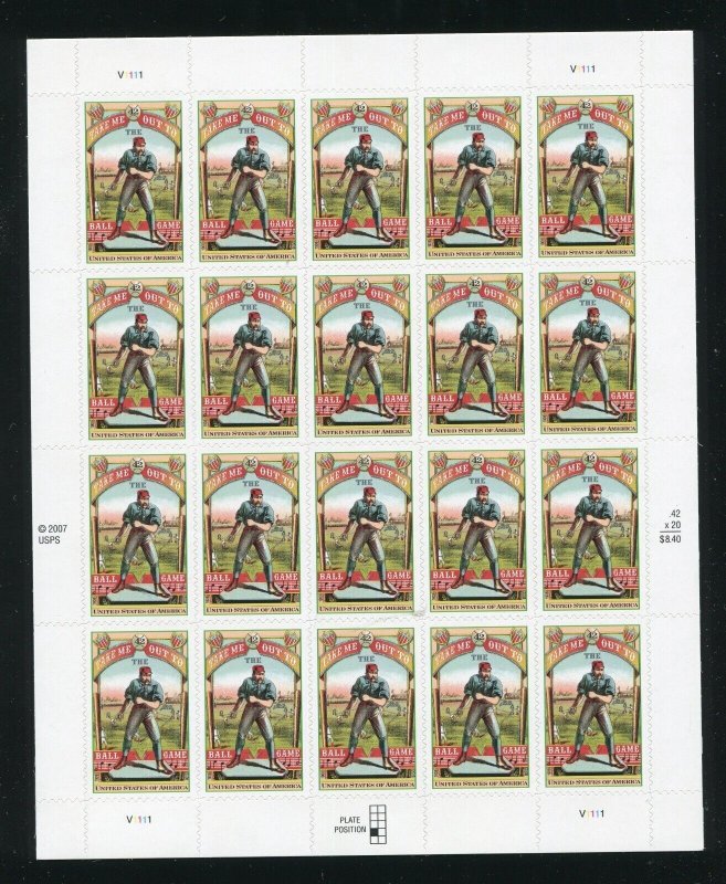 4341 Take Me Out to the Ballgame Baseball Sheet of 20 41¢ Stamps MNH