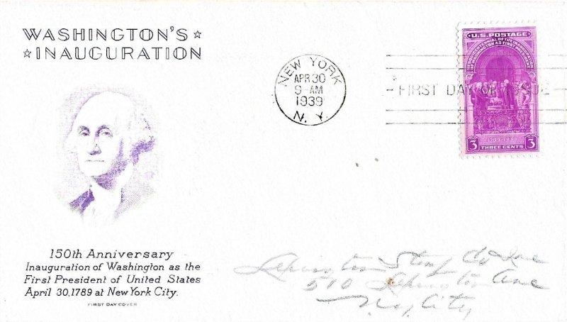 1939 FDC, #854, 3c Inauguration of Washington, Grimsland