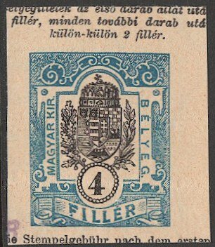 HUNGARY 4f Mint Revenue cut-out from document, coat of arms