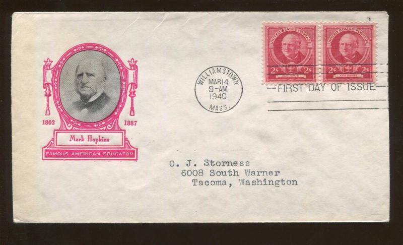 Famous American Educator Mark Hopkins 1940 Williamstown FDC US Stamp #870