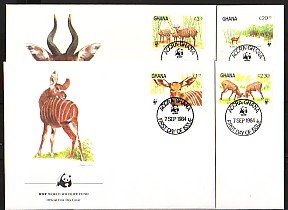 Ghana, Scott cat. 927-930. W.W.F.- Bongo Deer. 4 First day covers. ^