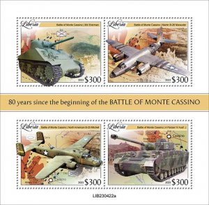 LIBERIA- 2023 - Battle of Monte Cassino - Perf 4v Sheet  - Mint Never Hinged