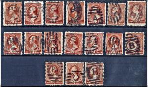 SC#210 2¢ Washington (1883) Letter Cancels; 17 Stamps