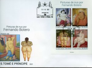 SAO TOME 2021 FERNANDO BOTERO NUDE PAINTINGS SHEET FIRST DAY COVER