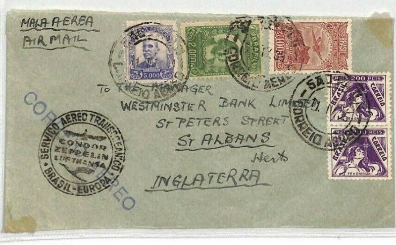 BRAZIL Transatlantic CONDOR ZEPPELIN Cachet Aviation 1935 Cover St Albans CE108